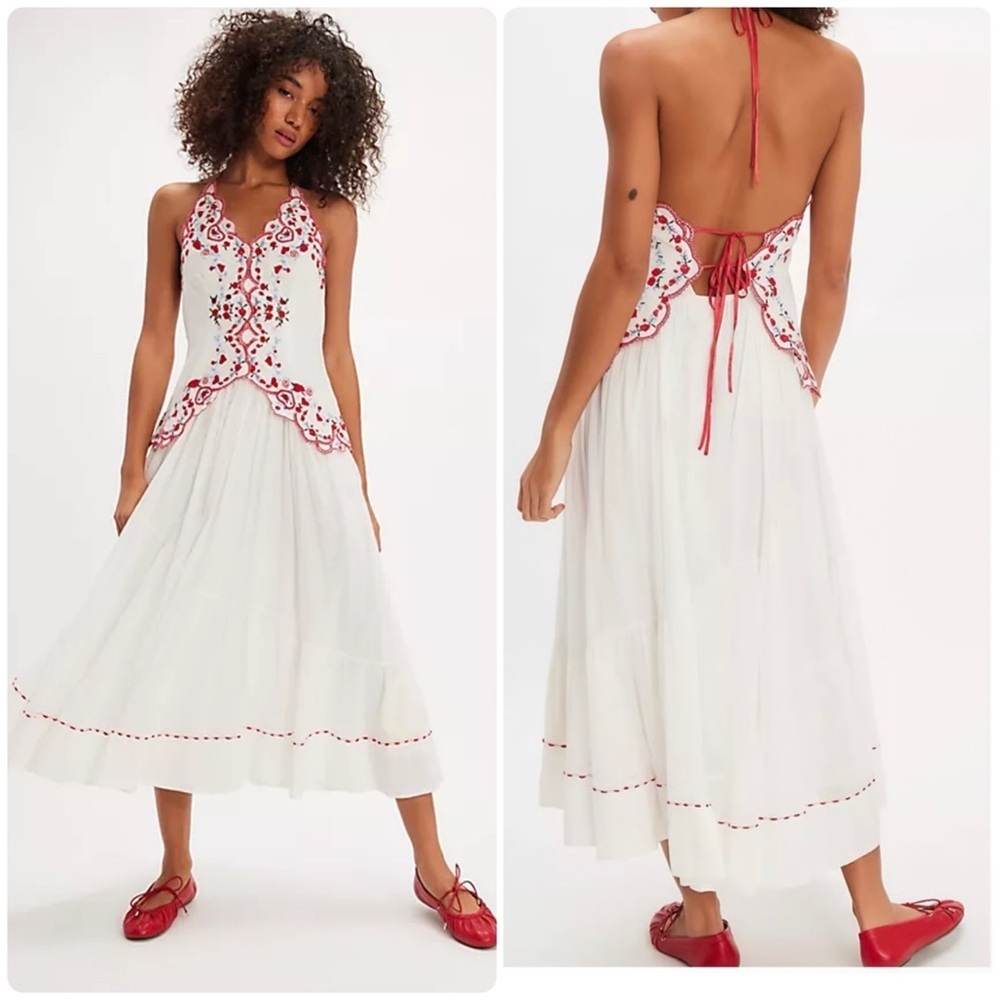 NEW! Free People Valenciana Embroidered Cotton Dress Cottagecore Boho 🍒 Medium - Picture 2 of 16